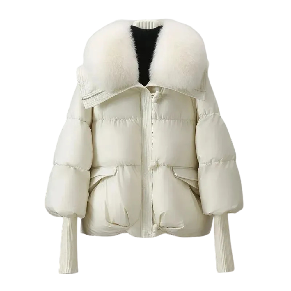 Side view of a women's faux-fur collar puffer jacket, ideal for cold weather outerwear