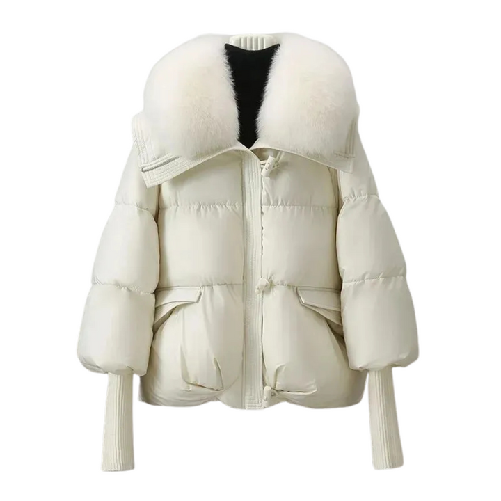Side view of a women's faux-fur collar puffer jacket, ideal for cold weather outerwear