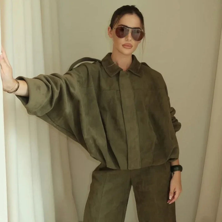 Women's faux suede bomber jacket in a neutral tan color, perfect for fall fashion