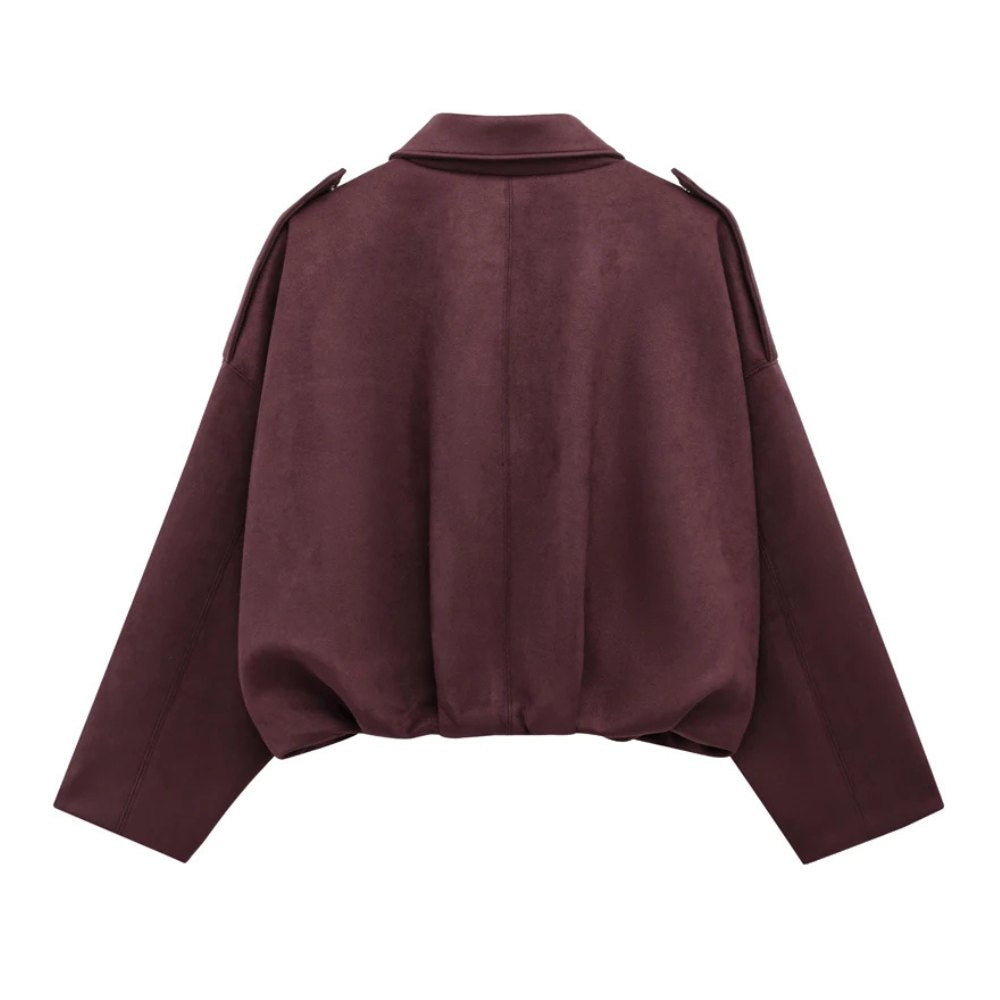 Elegant women's faux suede bomber jacket, offering a chic yet casual outerwear option