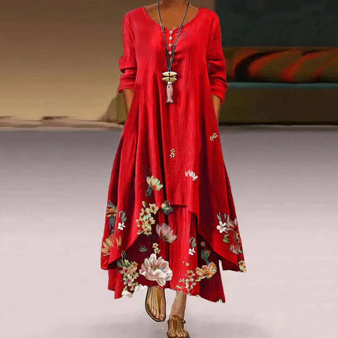 Elegant oversized floral long sleeve maxi dress for women, featuring a beautiful border print.