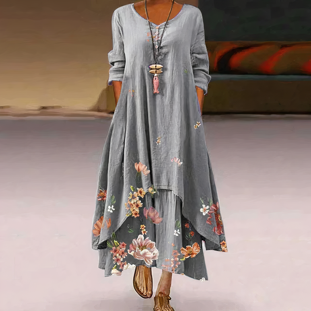 Chic women's spring/summer long sleeve floral maxi dress with a distinctive border print design.