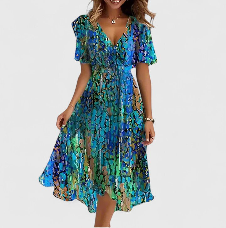 Women's Floral Flutter Sleeve Midi Dress, elegant v-neck design, perfect for summer casual & party wear.