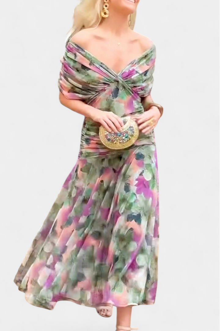 Feminine floral off-shoulder long sleeve dress. Women's elegant maxi gown for ceremonies & special events.