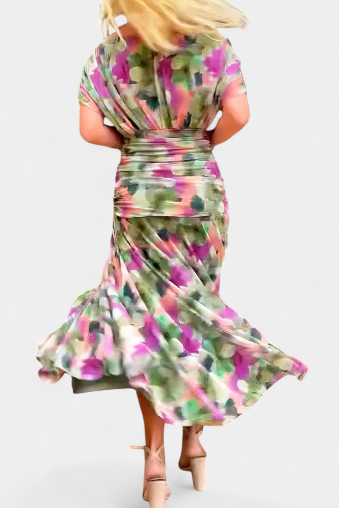 Elegant ruched floral off-shoulder maxi dress for women. Long sleeve gown for ceremonies & special events.
