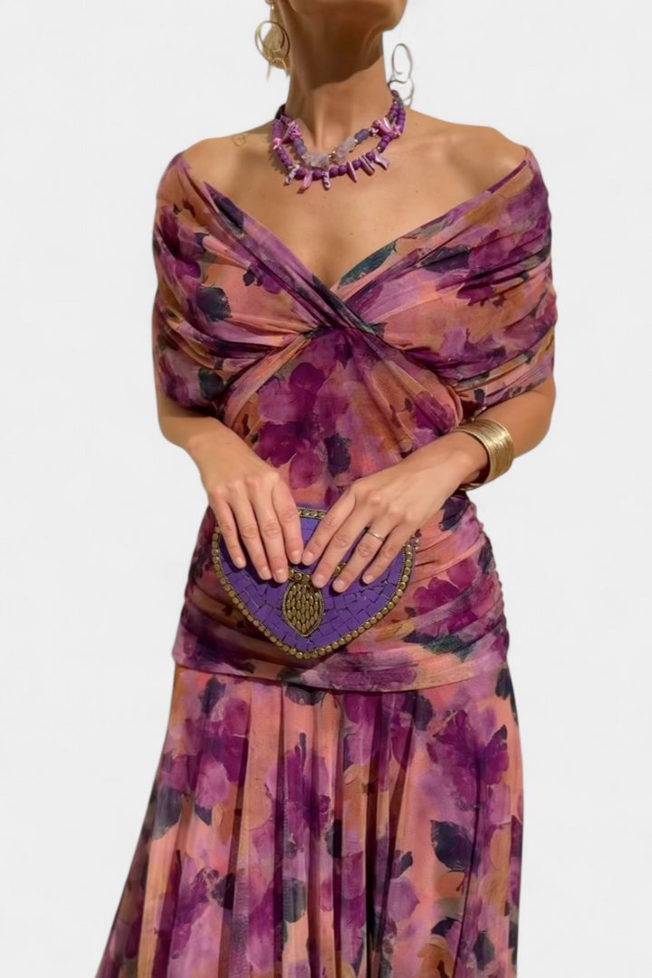 Versatile floral long sleeve off-shoulder dress. Women's maxi gown for ceremonies, parties, & evenings.