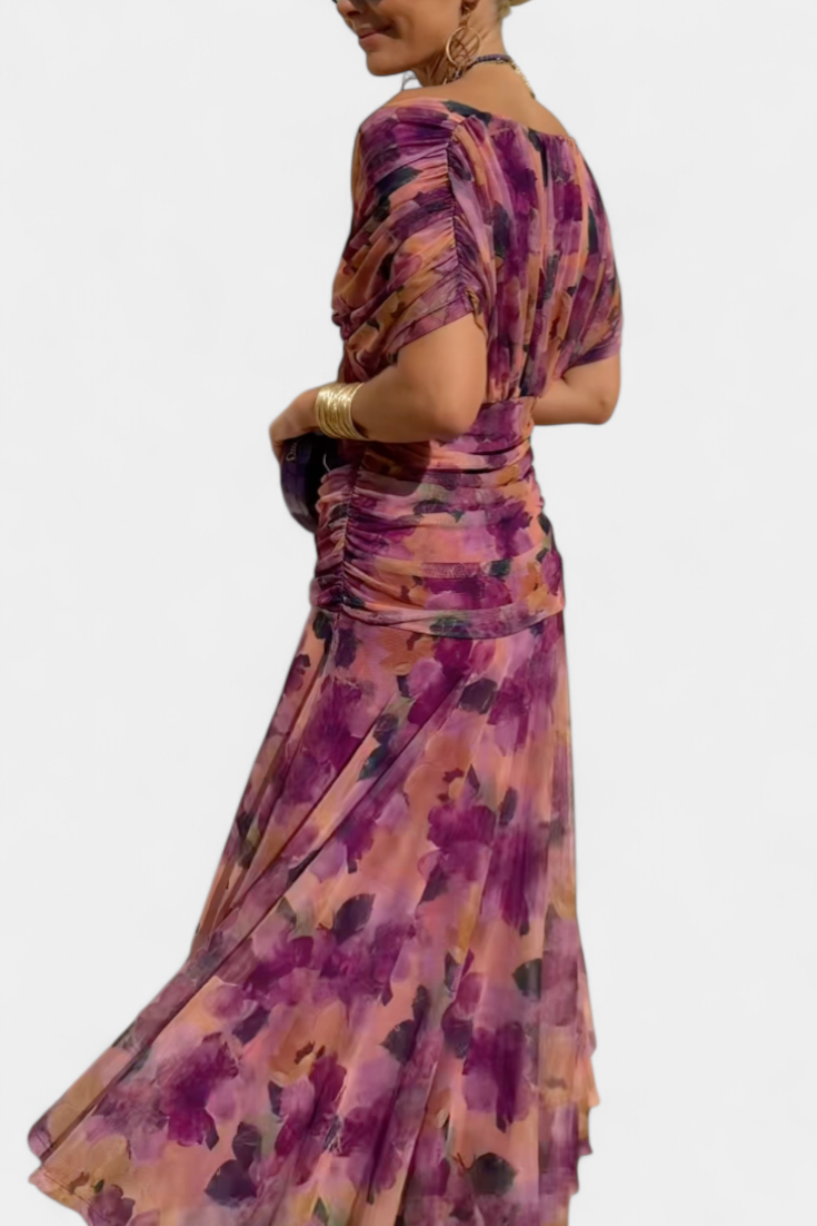 Flattering women's floral long sleeve off-shoulder dress. Elegant maxi gown for ceremonies & formal events.