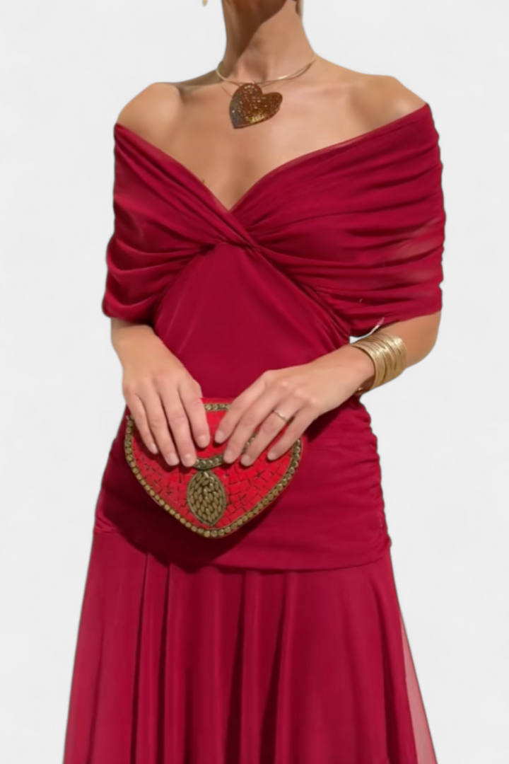 Statement floral off-shoulder long sleeve dress. Elegant women's maxi gown for ceremonies & formal parties.