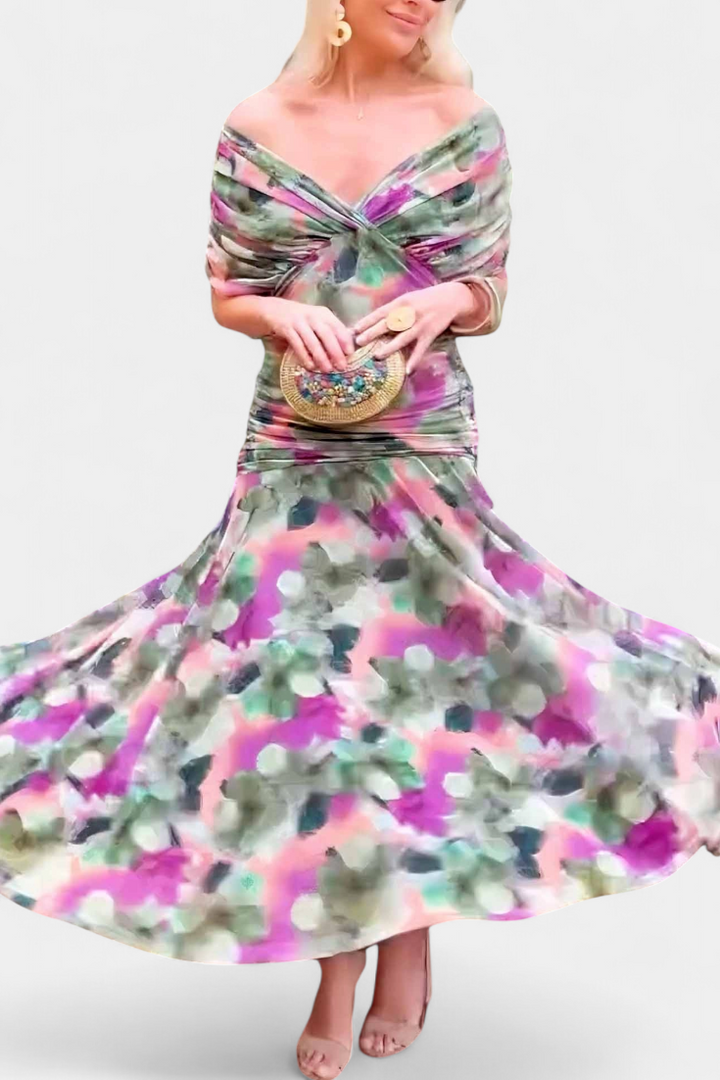 Flattering ruched floral maxi dress. Women's elegant long sleeve off-shoulder gown for ceremonies & parties.