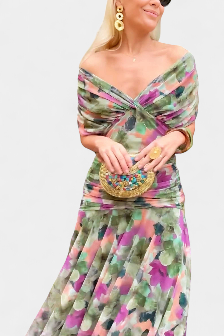 Formal floral off-shoulder dress for women. Elegant long sleeve maxi gown, ideal for ceremonies & evenings.