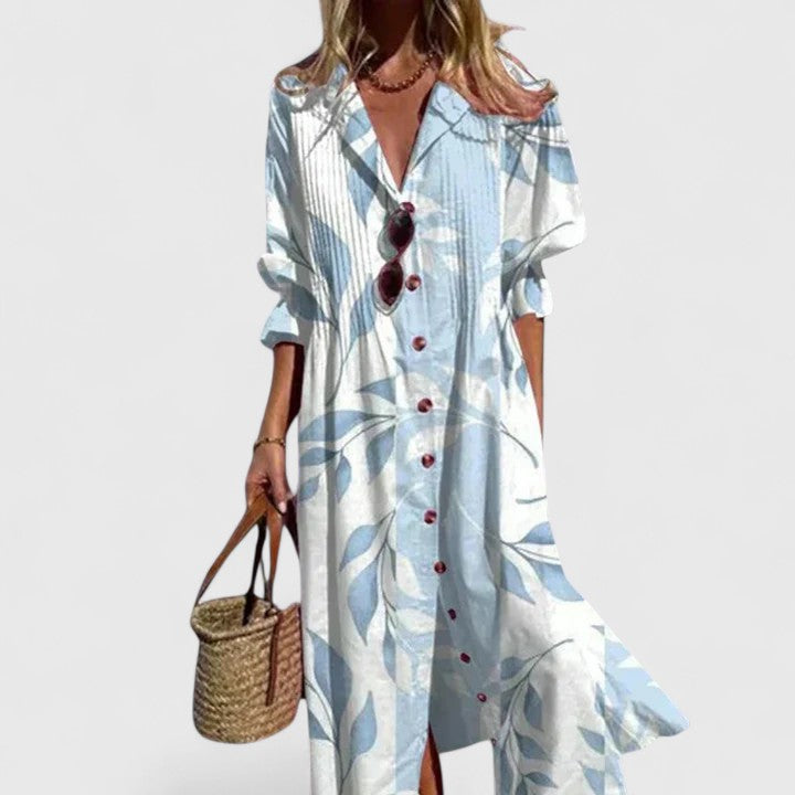 Women's floral print pintuck pleated midi shirtdress, a stylish casual summer dress with a collar.