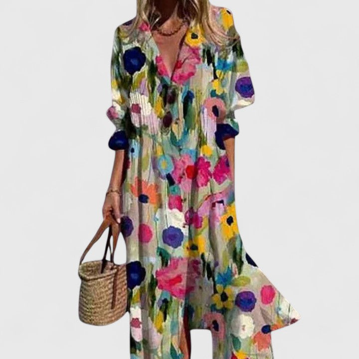 Casual floral print midi shirtdress for women, with buttons, a collar, and comfortable half sleeves. Ideal for summer.