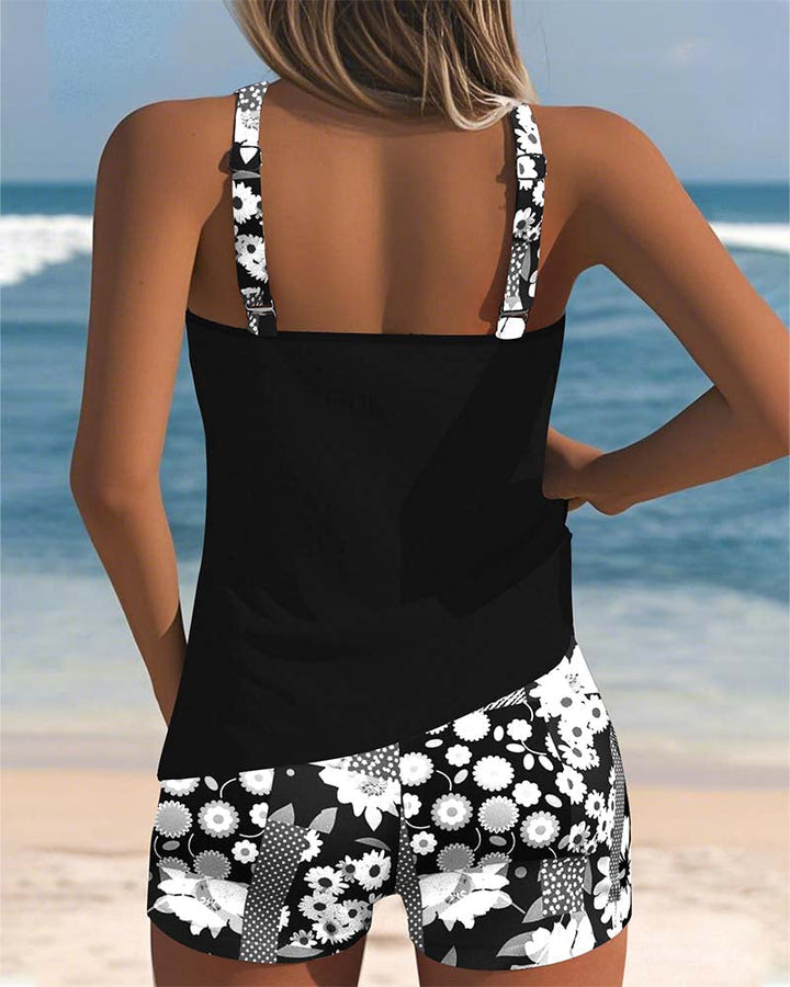 Comfortable women's floral print racerback tankini & boyshort set. Relaxed fit modest swimwear.