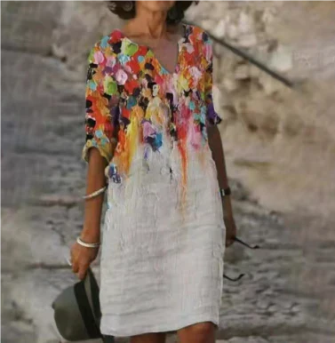 Casual yet chic women's floral V-neck midi dress, comfortable and fashionable for everyday wear.