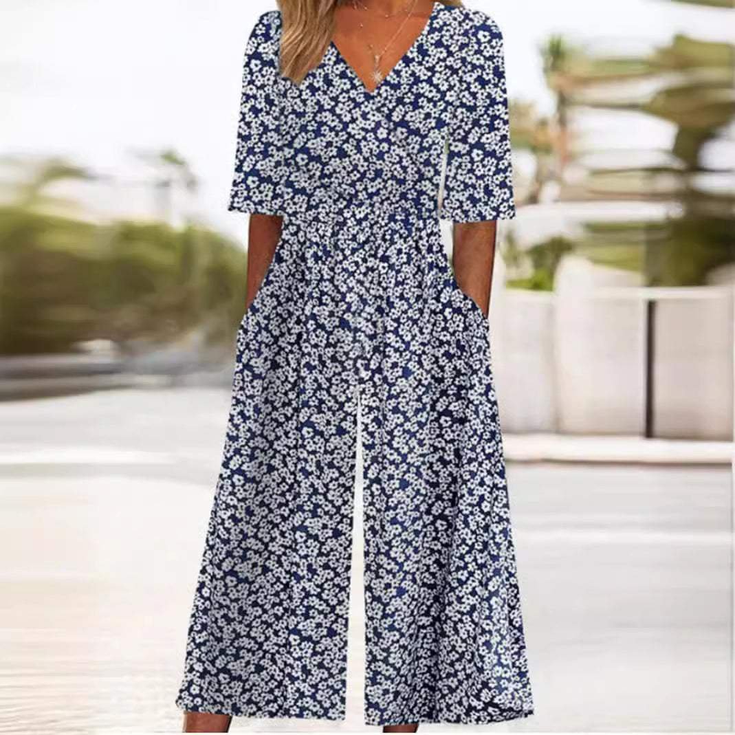 Comfortable women's bohemian floral wide leg jumpsuit with V-neck and elbow sleeves for everyday wear.