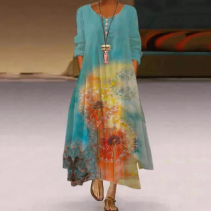 Chic women's flowing long-sleeve midi dress, vibrant design, graphic print & asymmetric hem.