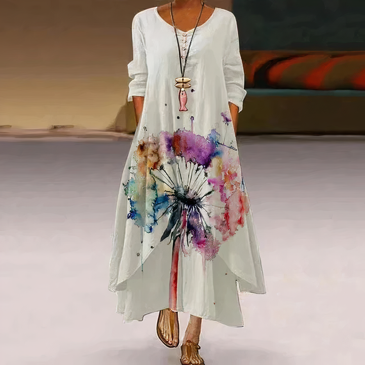 Elegant ladies' long-sleeve midi dress, flowy asymmetric hem. Perfect for summer/fall fashion.