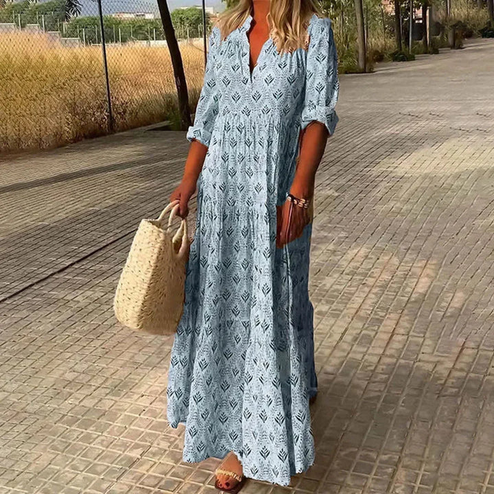 Boho V-neck maxi dress for women, featuring long sleeves. A comfortable, elegant beach & summer casual fashion.