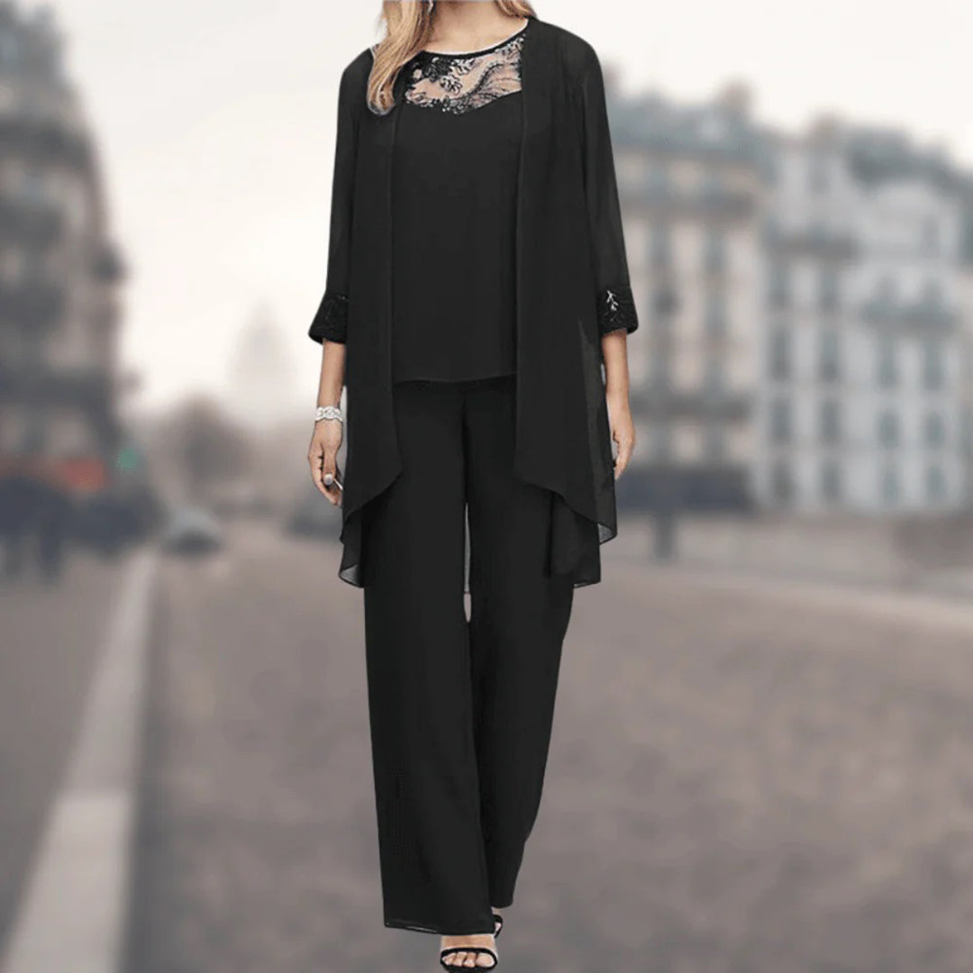 Versatile women's flowy three-piece set, Alison, with wide-leg pants & lace trim top for comfortable, chic wear.
