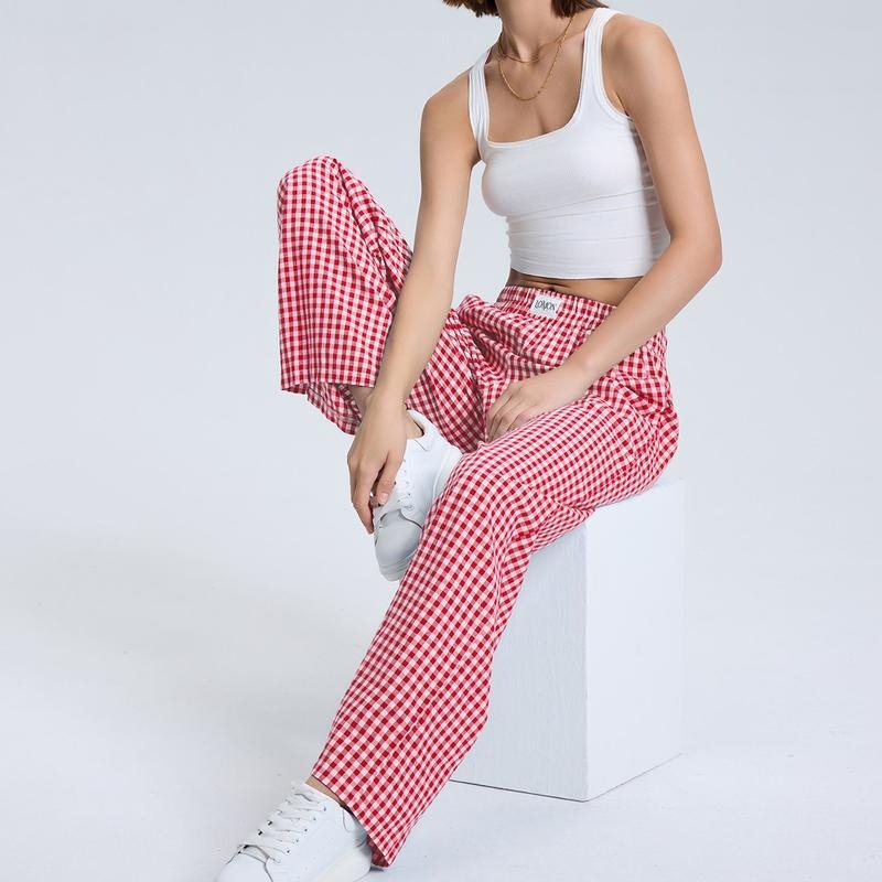 Women's gingham wide-leg cotton boxer pants, black and white check, comfortable loungewear