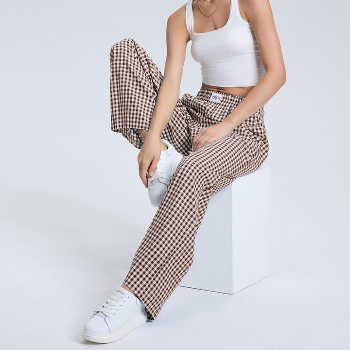 Stylish black and white gingham wide-leg pants with a comfortable boxer-style waistband
