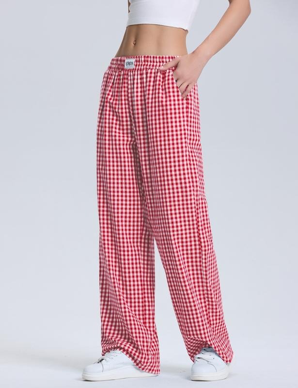 Close-up of women's cotton gingham wide-leg pants showing the fabric and check pattern