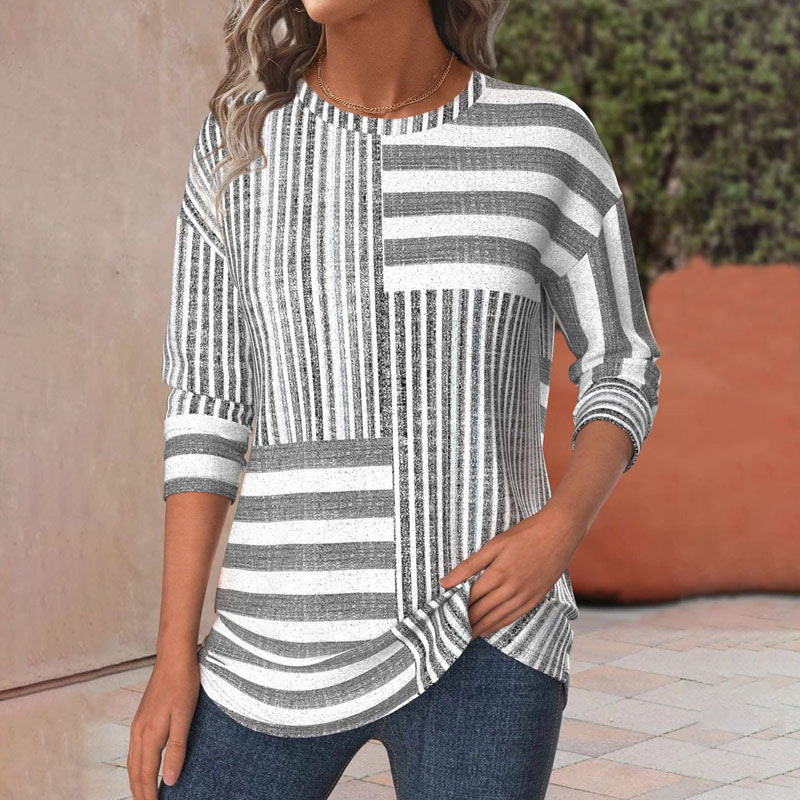 Women's gray striped three-quarter sleeve blouse, round neck, panel stripe for casual & workwear style.