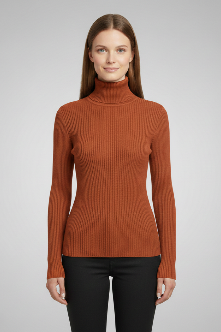 Women's high neck ribbed sweater, a cozy pullover for stylish winter and autumn fashion.