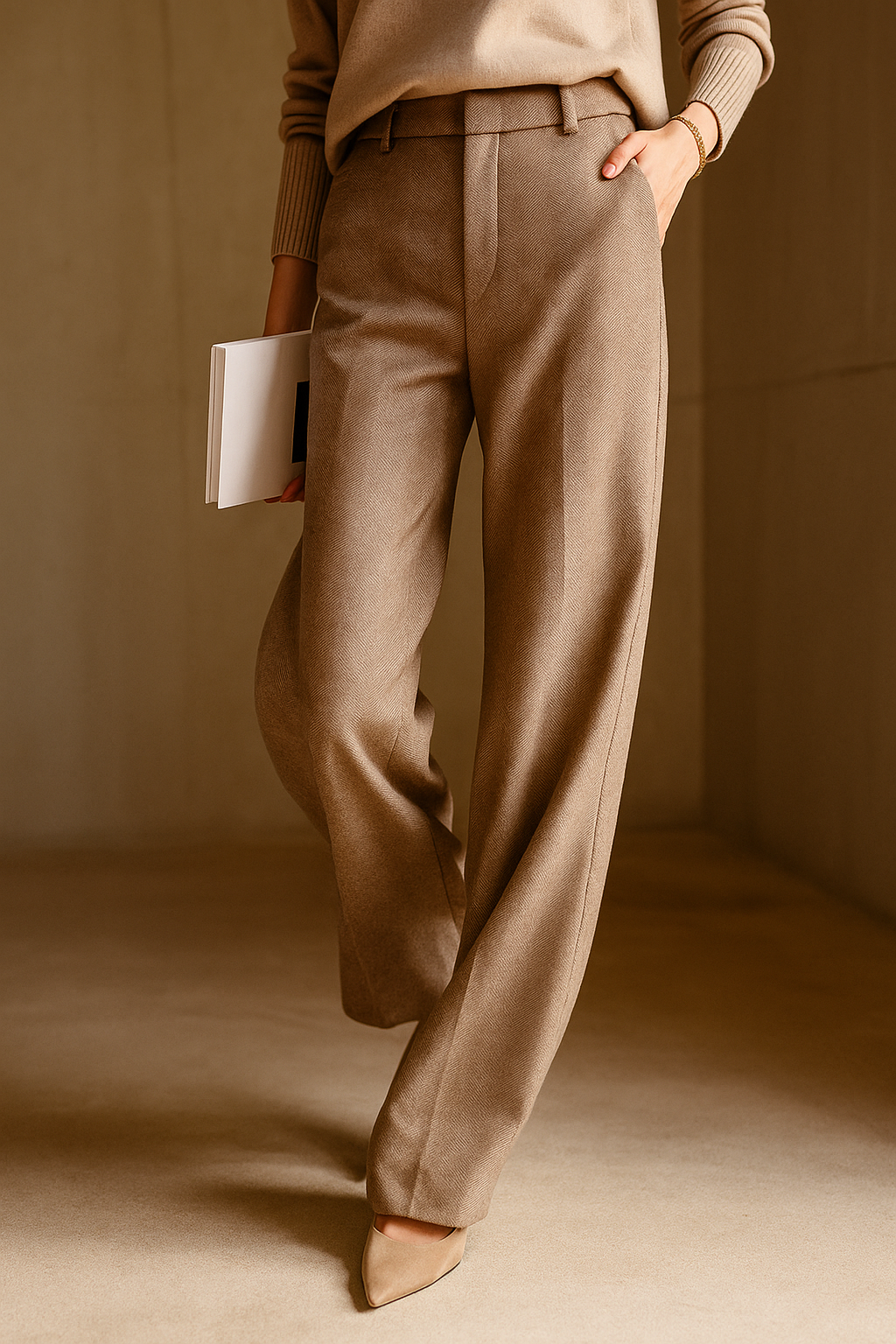 Flat lay of camel high-waist wool blend straight leg trousers on a white background