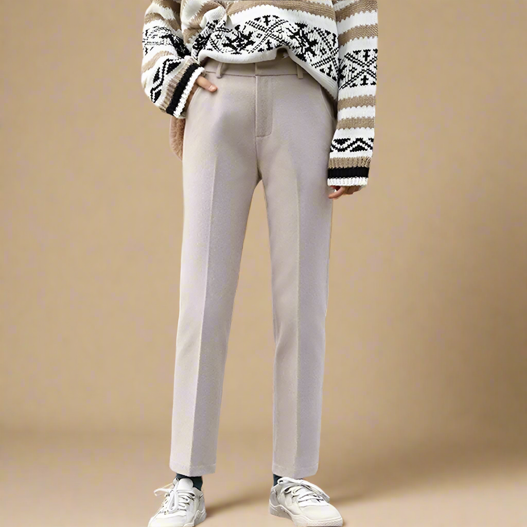 Stylish ivory high-waist wool blend straight leg trousers for women, smart business casual