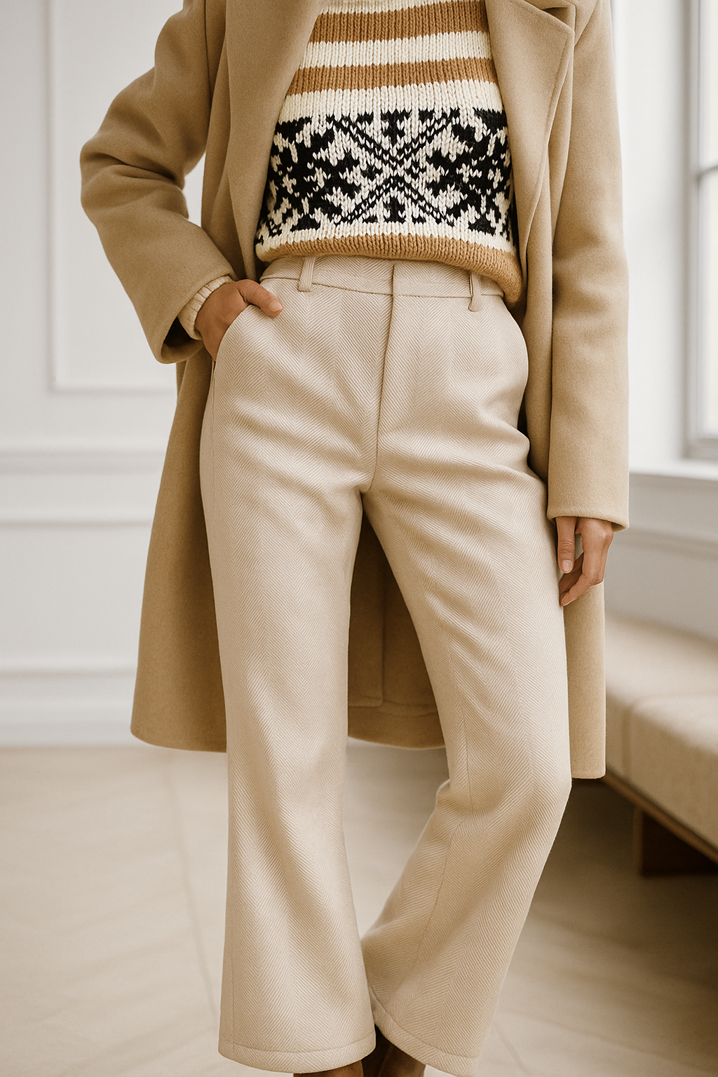 Gray high-waist wool blend tailored pants with a precise straight leg cut, very flattering