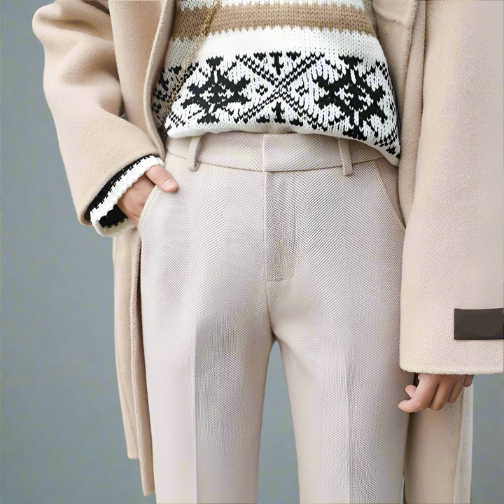 Side profile of women's ivory high-waist wool blend straight leg tailored pants