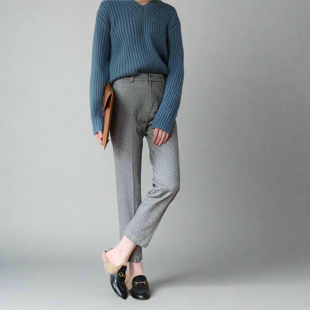 Back view of gray high-waist wool blend straight leg trousers, showing pockets and fit