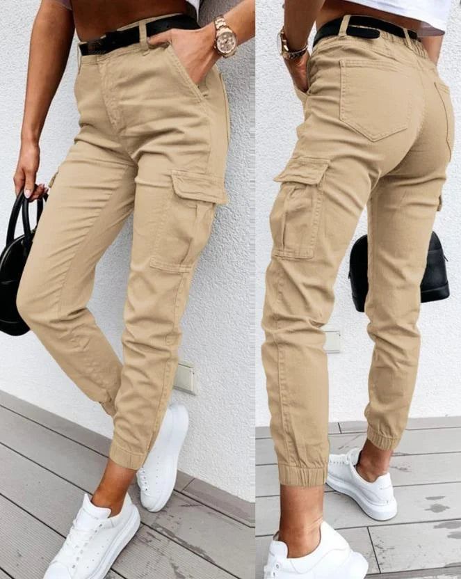 Fashionable women's high waist cargo joggers. Features a relaxed fit, tapered leg, and cuffed ankles.