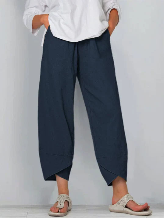 Flowy high-waist wide leg summer pants for women, showcasing a unique tulip hem.