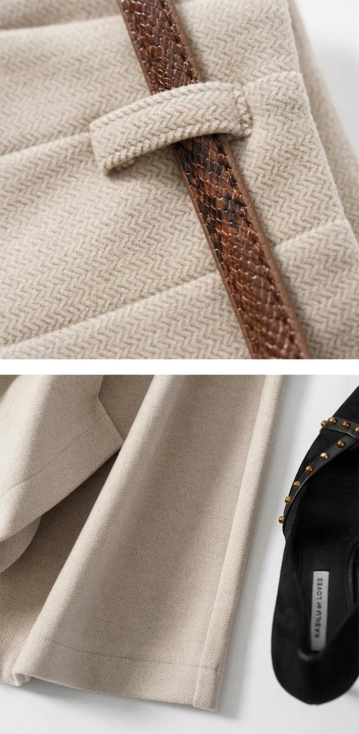 Showcasing the wide leg silhouette of women's wool blend trousers, designed for freedom of movement