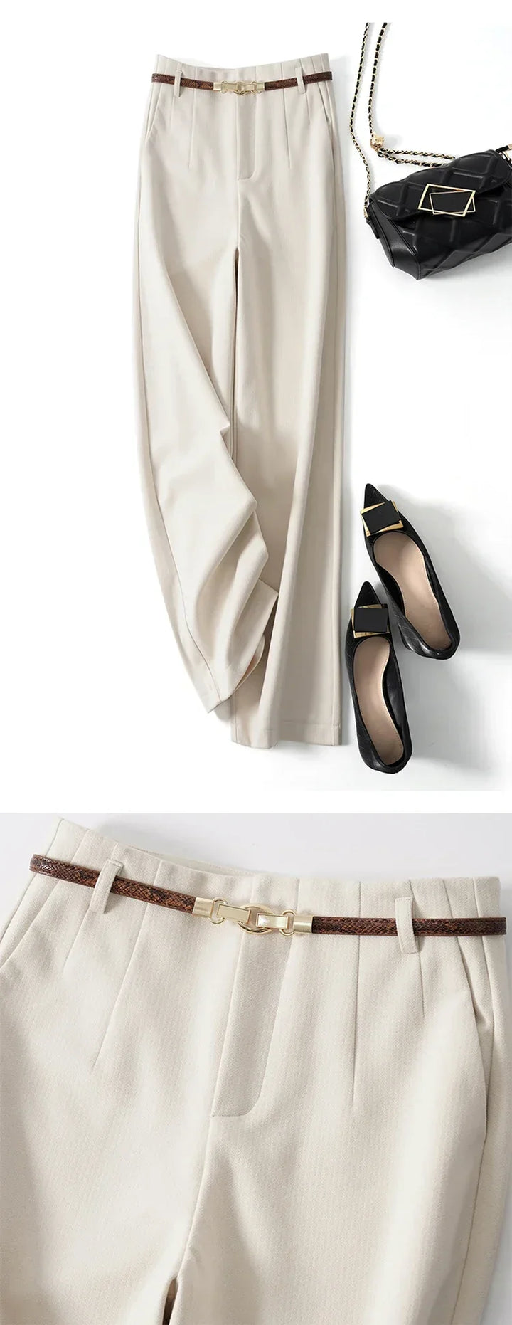 Styled shot of women's dress pants: wide-leg, high-waist, wool blend, with pockets detail