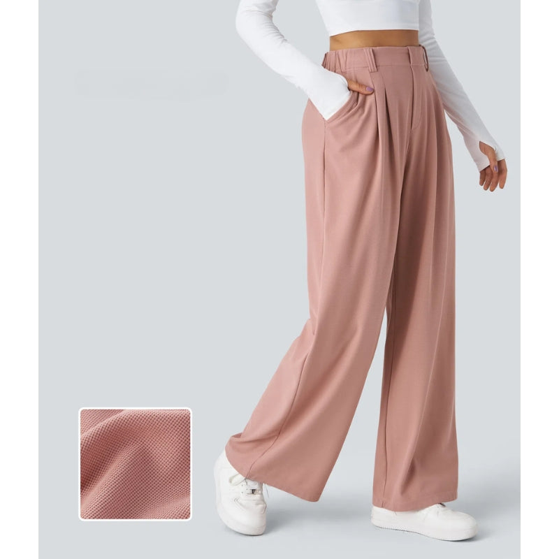 Women's high waisted waffle knit wide leg pants in a soft, comfortable fabric, ideal for loungewear