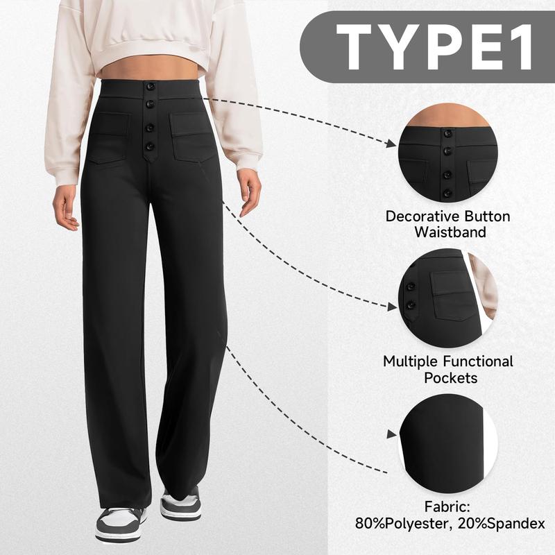 Women's high-waisted wide-leg dress pants in black with button detail, ideal for workwear fashion