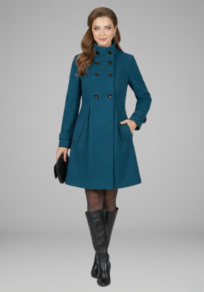 Stylish women's hooded A-line outerwear, featuring a double button front. Chic and warm for fall & winter.