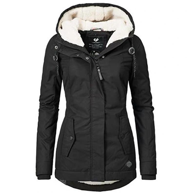 Women's insulated fur-lined winter parka, black, with hood, warm and windproof outerwear.