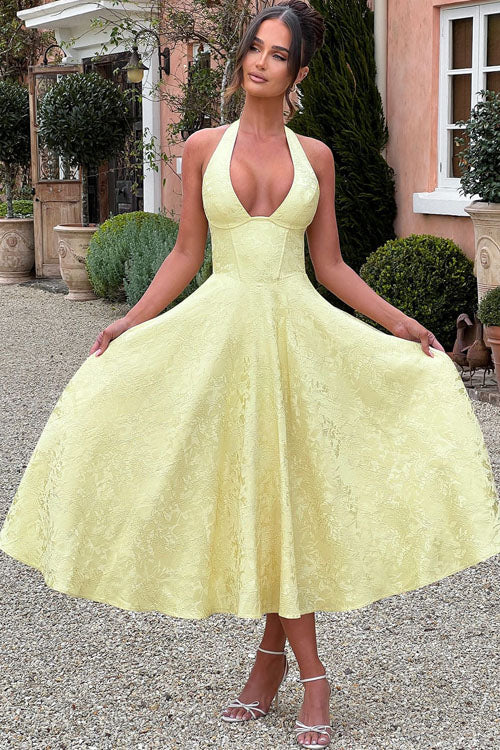 Women's party dress, tea-length jacquard A-line, with an elegant halterneck for formal events.