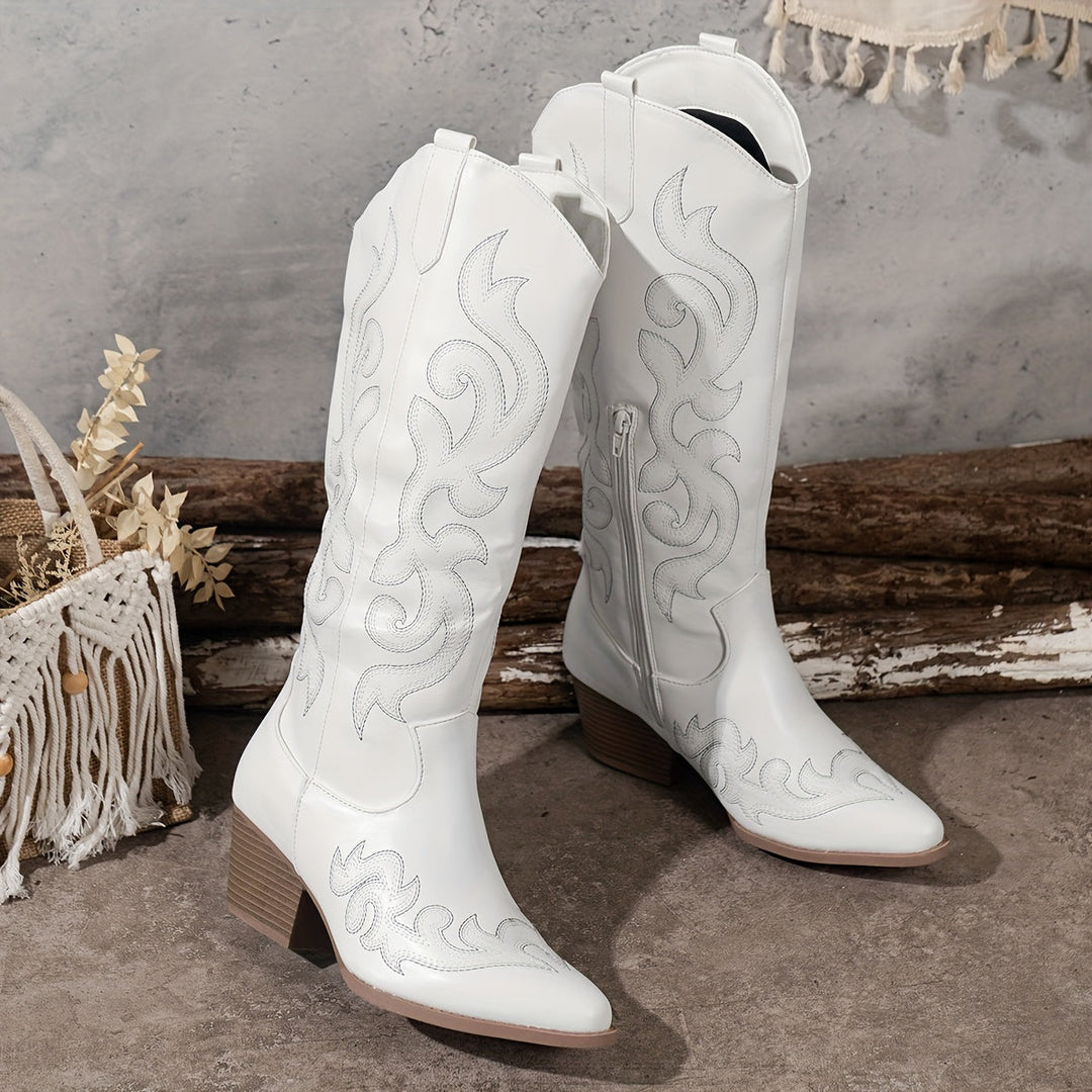 Fashionable knee-high block heel boots for women, perfect for western chic.