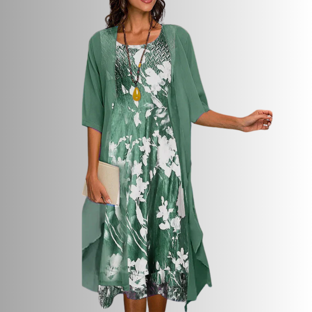 Women's layered open front midi dress, elegant printed design, 3/4 sleeves, round neck for casual style.