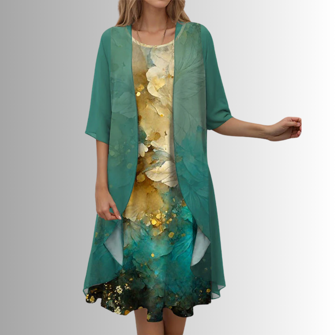Casual women's layered midi dress with open front, intricate print, 3/4 sleeves & flattering flowy design.