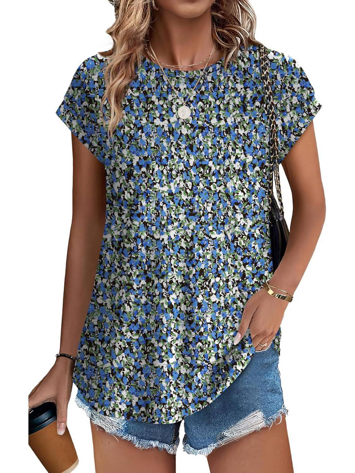 Trendy women's botanical leaf print cap sleeve top. Lightweight design for effortless summer style.