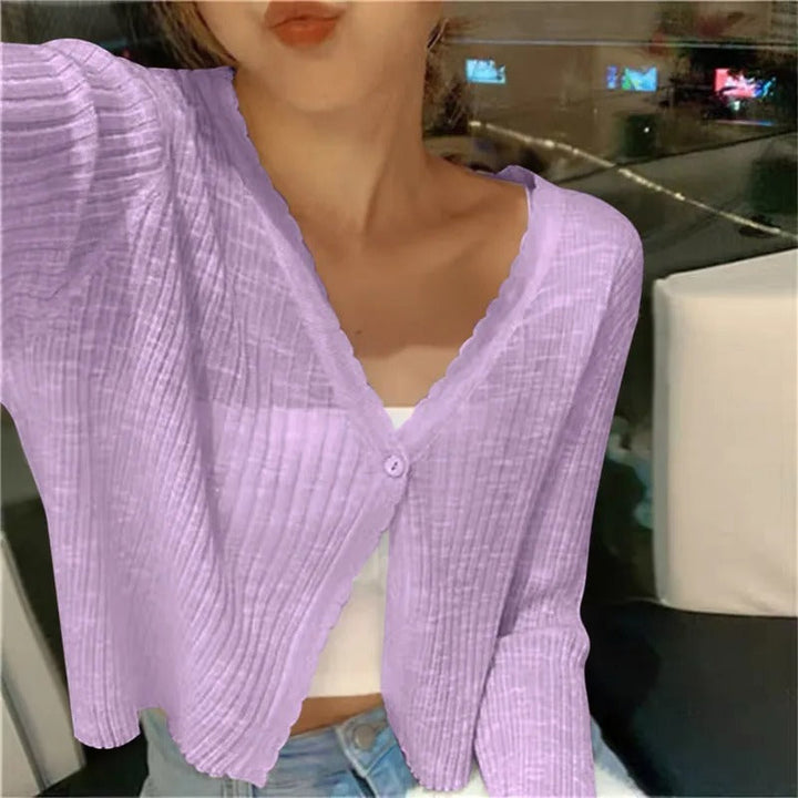 Minimal fashion women's cropped button cardigan, lightweight & versatile for layering.