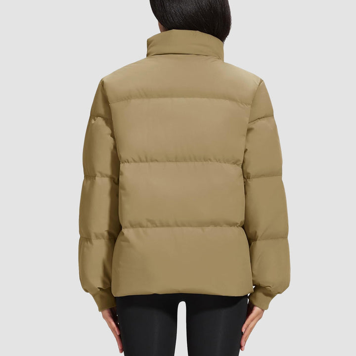 Black women's puffer jacket with a high collar for extra warmth, quilted design