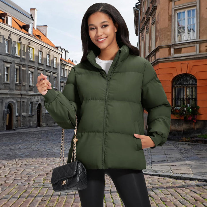 Black women's down jacket, showcasing its puffy and warm insulation, quilted pattern