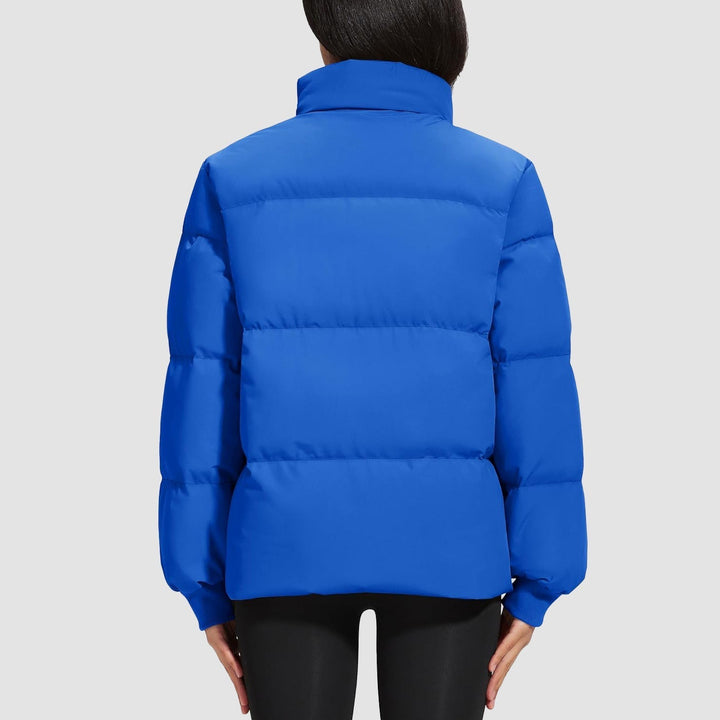 Black women's puffer jacket in a lifestyle shot, perfect for everyday casual wear